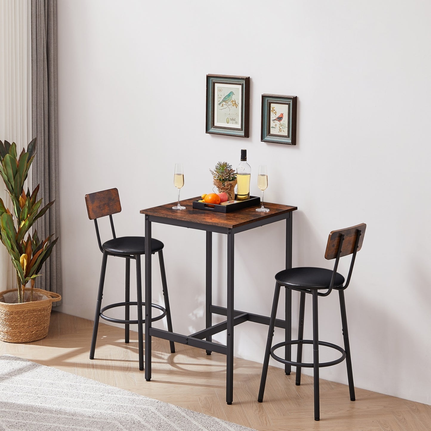 Bar Table Set With 2 Stools, PU Seat Backrest, Rustic Brown, 23.62 W X 35 H