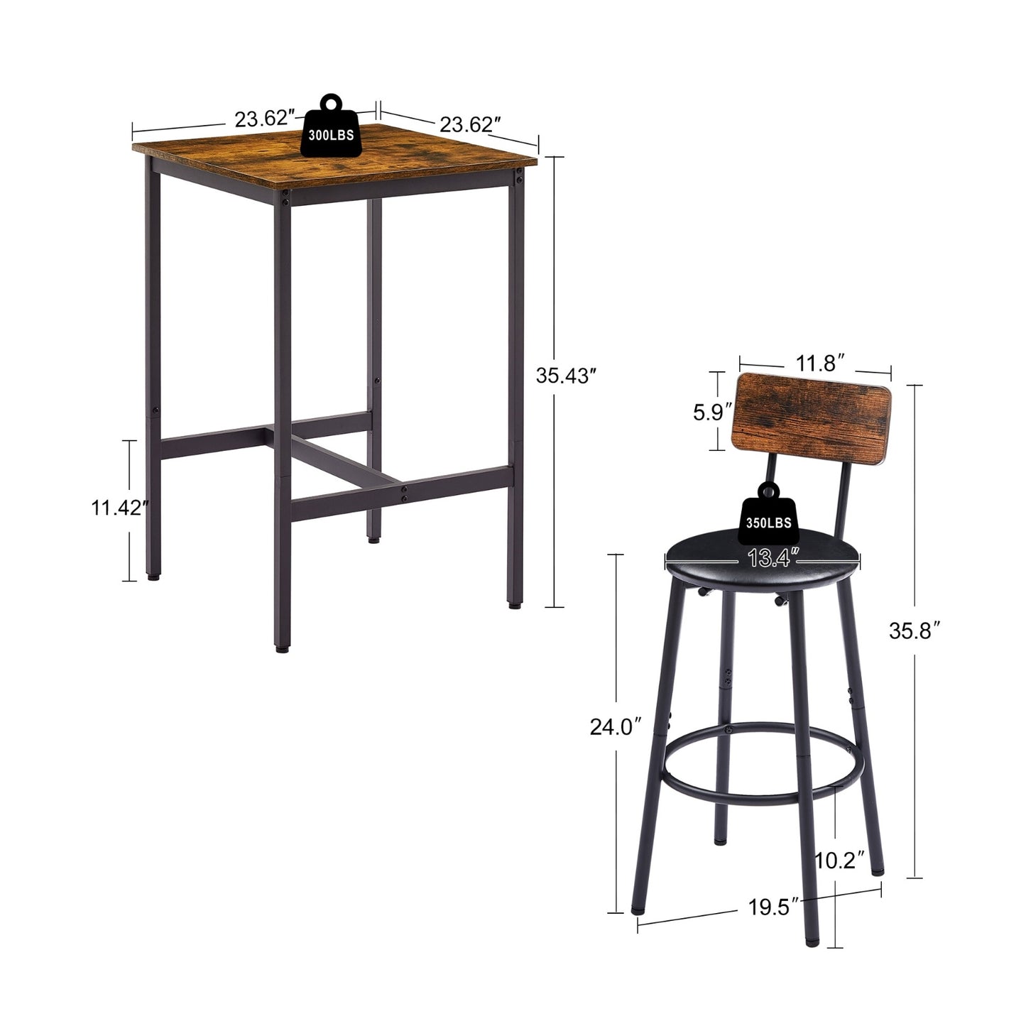 Bar Table Set With 2 Stools, PU Seat Backrest, Rustic Brown, 23.62 W X 35 H
