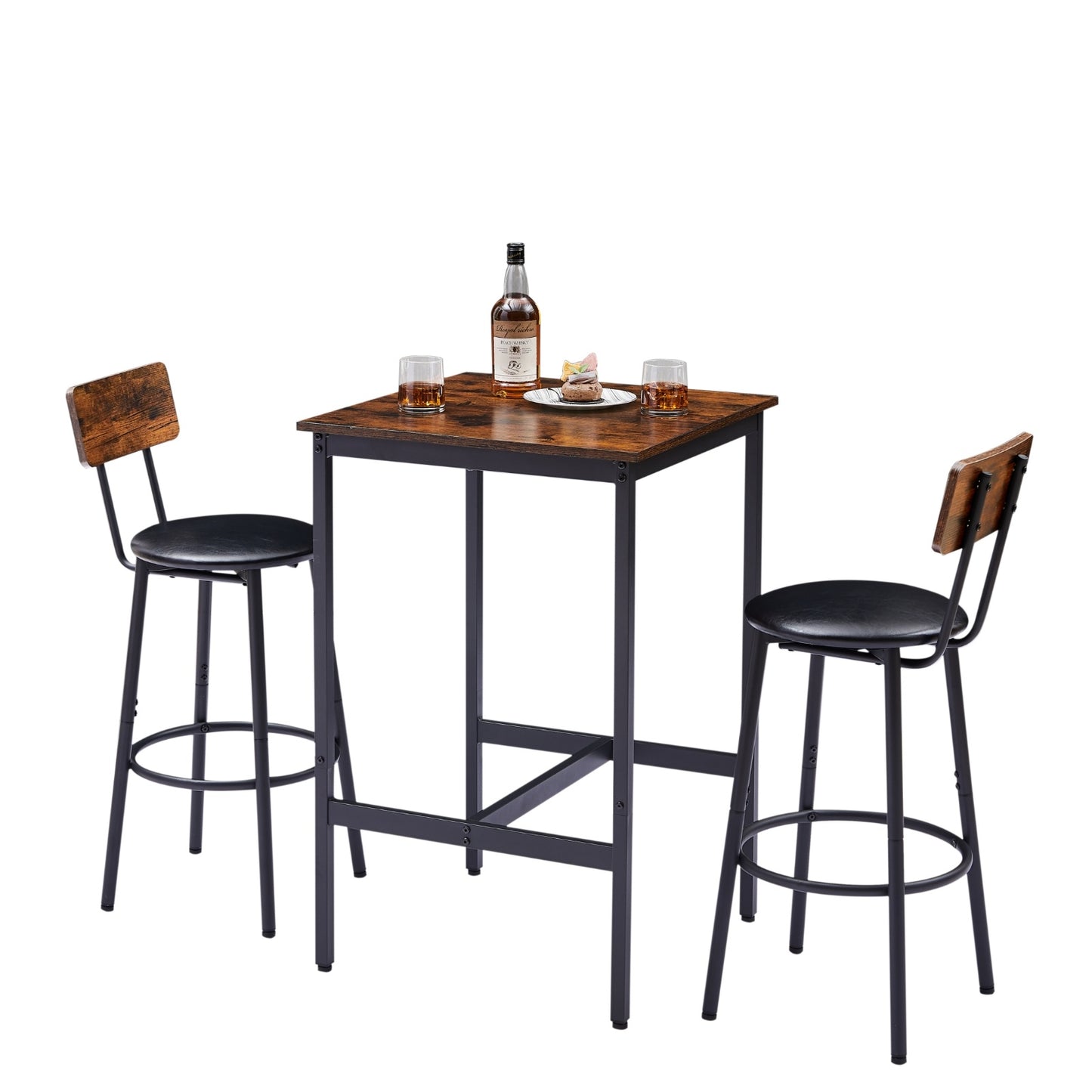 Bar Table Set With 2 Stools, PU Seat Backrest, Rustic Brown, 23.62 W X 35 H