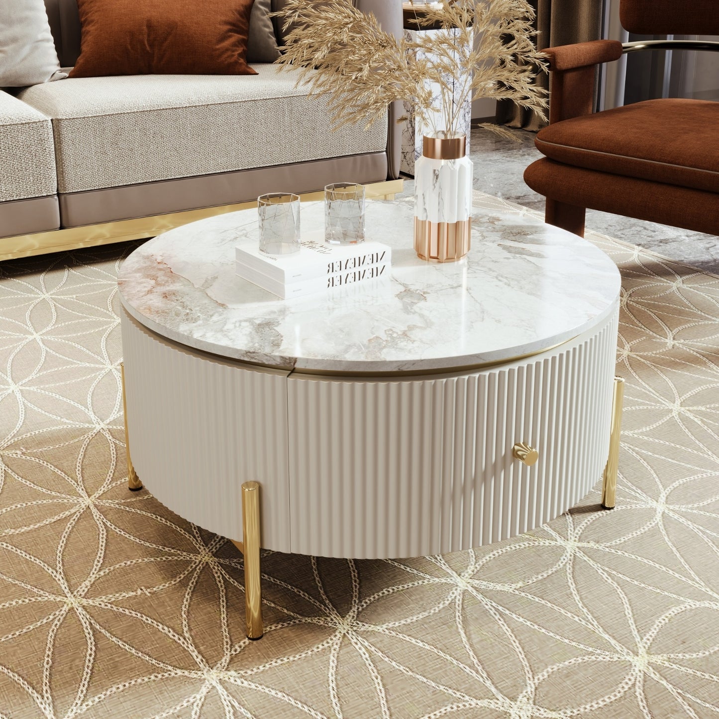 Modern Round Coffee Table With 2 Large Drawers Storage Accent Table 31.5
