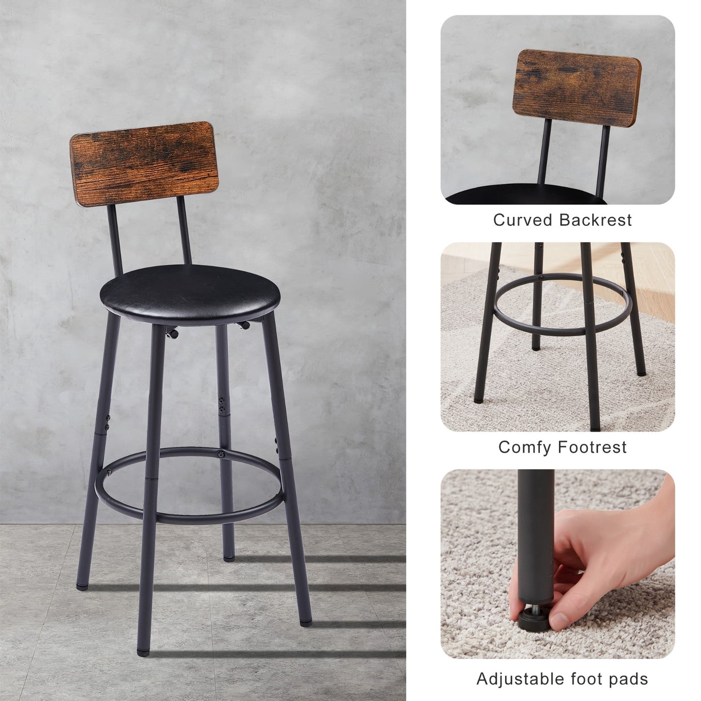 Bar Table Set With 2 Stools, PU Seat Backrest, Rustic Brown, 23.62 W X 35 H
