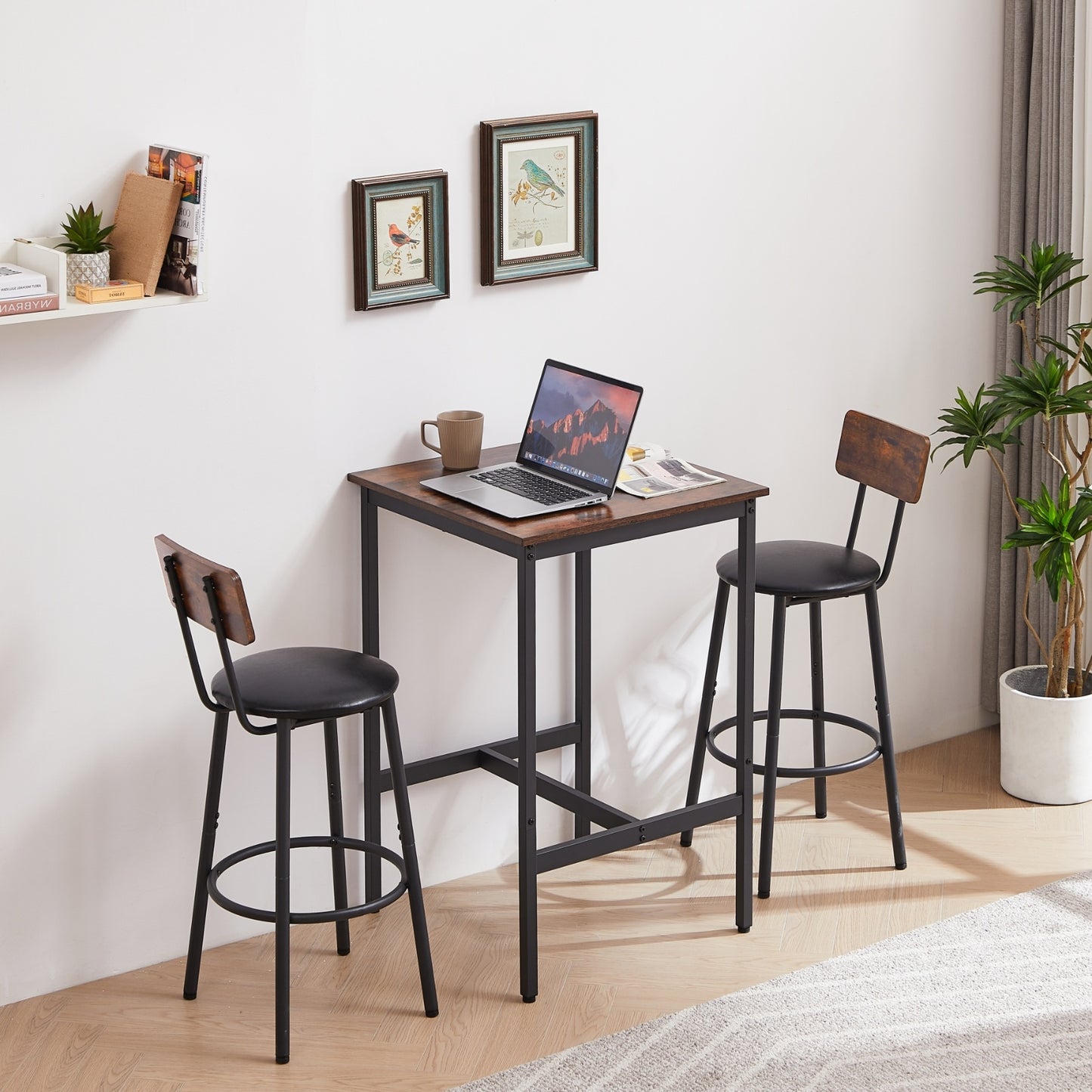 Bar Table Set With 2 Stools, PU Seat Backrest, Rustic Brown, 23.62 W X 35 H