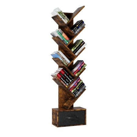 9 Tier Tree Bookshelf With Drawer Bookcase, Modern Book Storage,Utility Organizer Shelves For Home Office, Rustic Brown