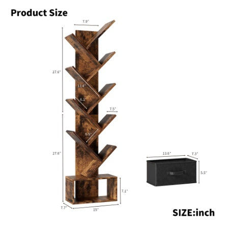 9 Tier Tree Bookshelf With Drawer Bookcase, Modern Book Storage,Utility Organizer Shelves For Home Office, Rustic Brown