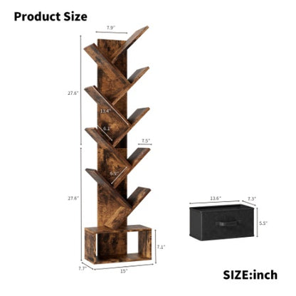 9 Tier Tree Bookshelf With Drawer Bookcase, Modern Book Storage,Utility Organizer Shelves For Home Office, Rustic Brown