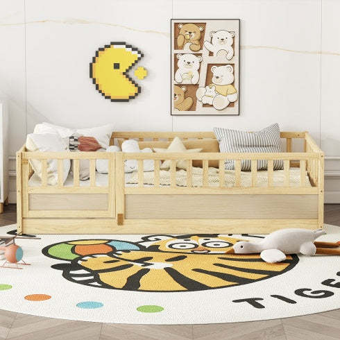 Twin Size Floor Bed, Integral Construction With Super High Security Barrier, Door, Children's Floor Bed Frame, Montessori Wooden Children's Floor Bed, Support Slat White