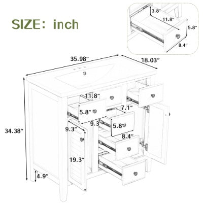 36 Bathroom Vanity With Ceramic Basin, Two Cabinets And Five Drawers, Solid Wood Frame, Grey
