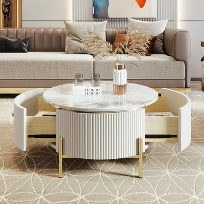 Modern Round Coffee Table With 2 Large Drawers Storage Accent Table  31.5