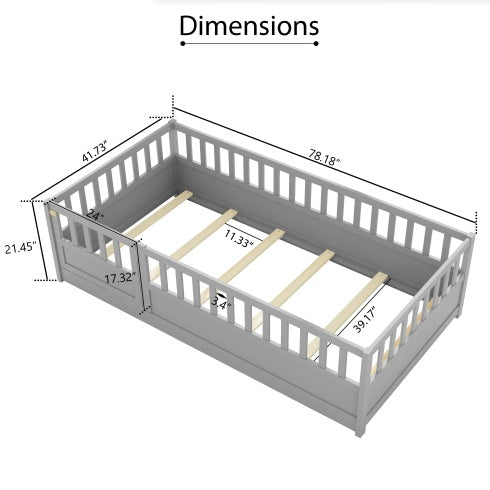 Twin Size Floor Bed, Integral Construction With Super High Security Barrier, Door, Children's Floor Bed Frame, Montessori Wooden Children's Floor Bed, Support Slat White