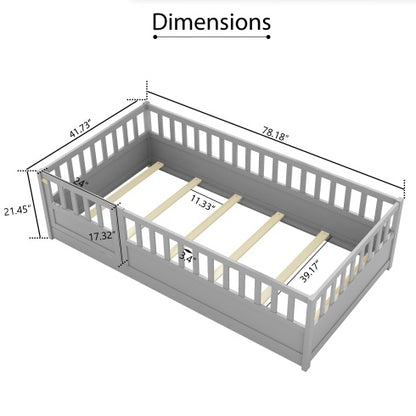 Twin Size Floor Bed, Integral Construction With Super High Security Barrier, Door, Children's Floor Bed Frame, Montessori Wooden Children's Floor Bed, Support Slat White