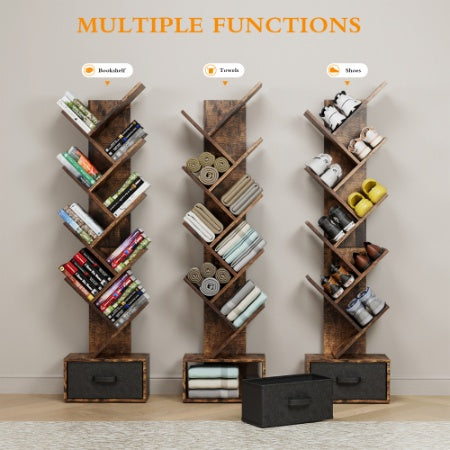 9 Tier Tree Bookshelf With Drawer Bookcase, Modern Book Storage,Utility Organizer Shelves For Home Office, Rustic Brown