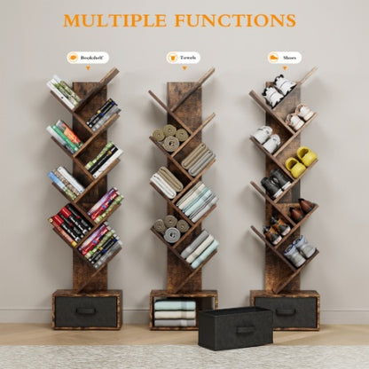 9 Tier Tree Bookshelf With Drawer Bookcase, Modern Book Storage,Utility Organizer Shelves For Home Office, Rustic Brown