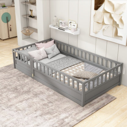 Twin Size Floor Bed, Integral Construction With Super High Security Barrier, Door, Children's Floor Bed Frame, Montessori Wooden Children's Floor Bed, Support Slat White