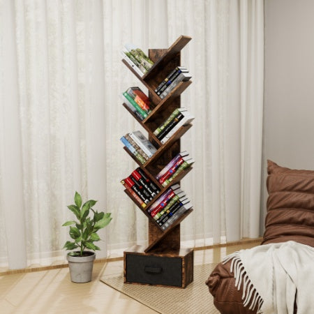 9 Tier Tree Bookshelf With Drawer Bookcase, Modern Book Storage,Utility Organizer Shelves For Home Office, Rustic Brown