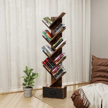 9 Tier Tree Bookshelf With Drawer Bookcase, Modern Book Storage,Utility Organizer Shelves For Home Office, Rustic Brown