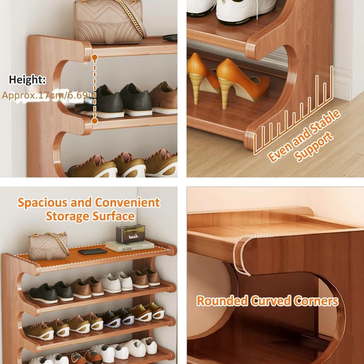 Four-layer Wooden Stackable Floor-standing Shoe Rack Suitable For Entrance, Wardrobe And Corridor To Store High Heels, Sneakers And Sandals