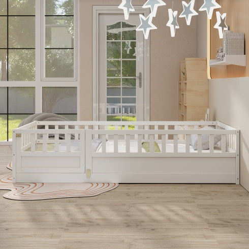 Twin Size Floor Bed, Integral Construction With Super High Security Barrier, Door, Children's Floor Bed Frame, Montessori Wooden Children's Floor Bed, Support Slat White