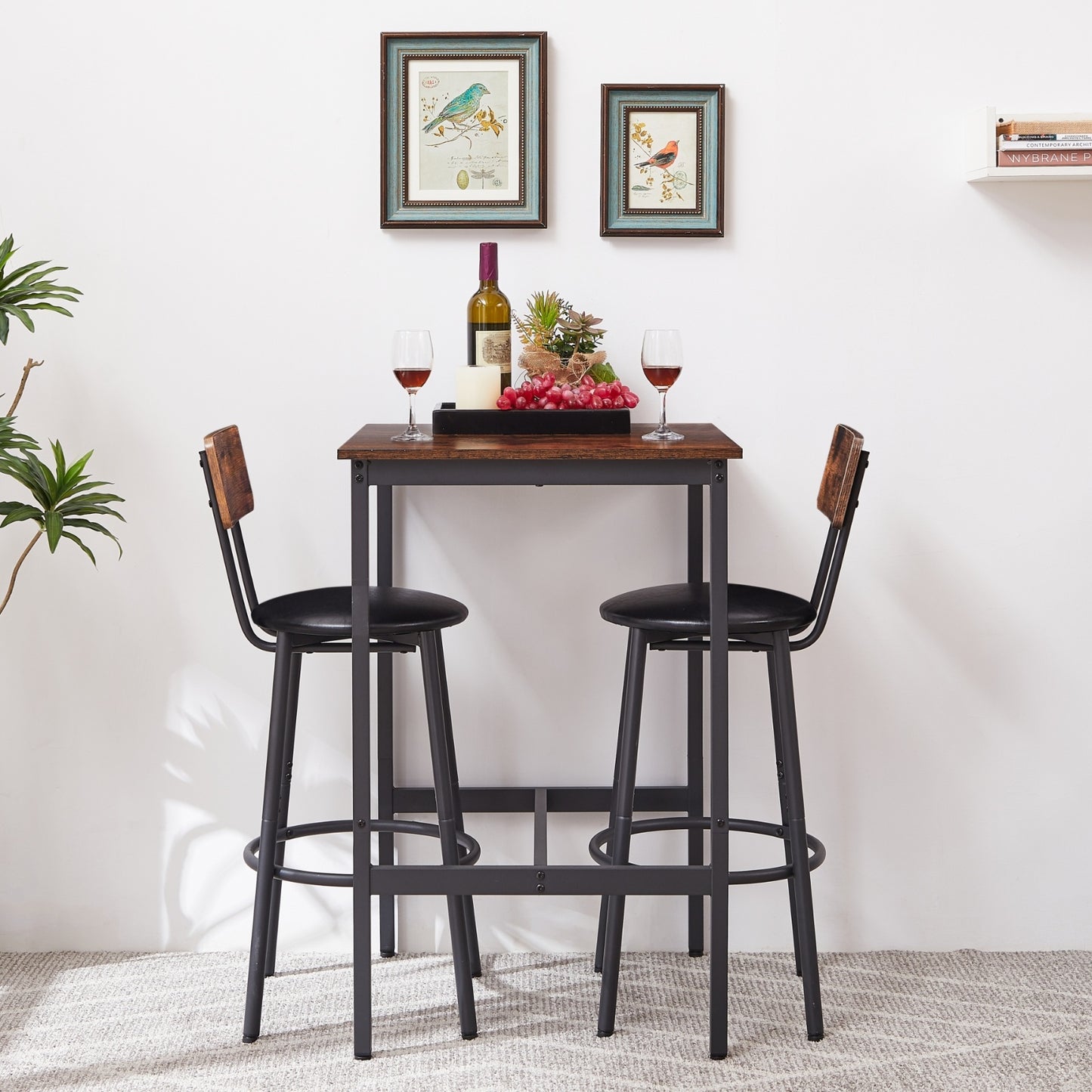Bar Table Set With 2 Stools, PU Seat   Backrest, Rustic Brown, 23.62 W X 35 H