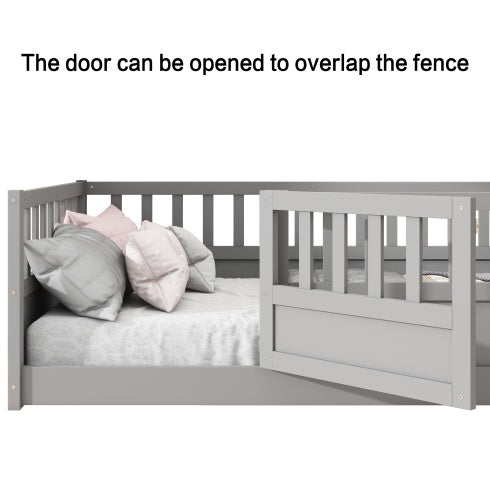 Twin Size Floor Bed, Integral Construction With Super High Security Barrier, Door, Children's Floor Bed Frame, Montessori Wooden Children's Floor Bed, Support Slat White
