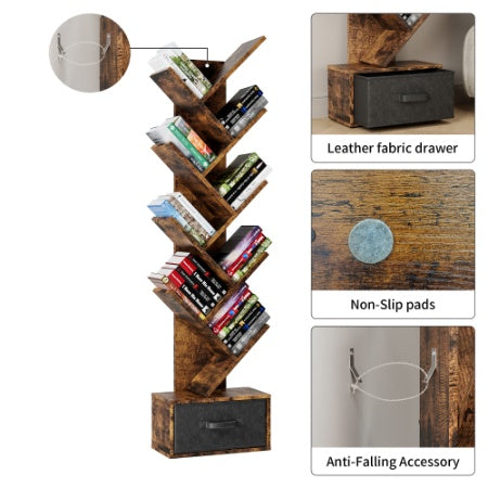 9 Tier Tree Bookshelf With Drawer Bookcase, Modern Book Storage,Utility Organizer Shelves For Home Office, Rustic Brown