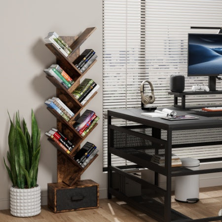 9 Tier Tree Bookshelf With Drawer Bookcase, Modern Book Storage,Utility Organizer Shelves For Home Office, Rustic Brown