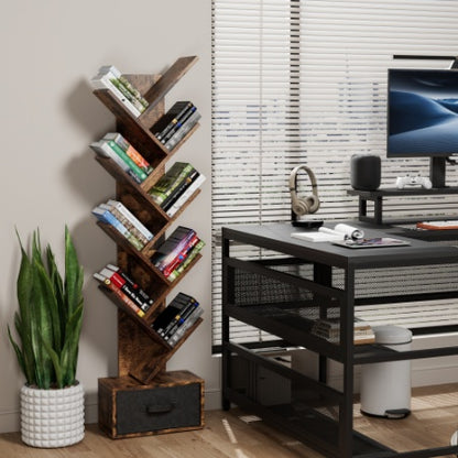 9 Tier Tree Bookshelf With Drawer Bookcase, Modern Book Storage,Utility Organizer Shelves For Home Office, Rustic Brown