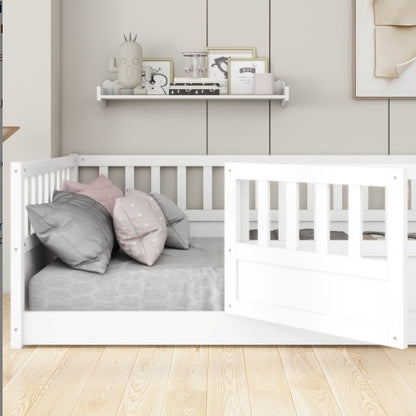 Twin Size Floor Bed, Integral Construction With Super High Security Barrier, Door, Children's Floor Bed Frame, Montessori Wooden Children's Floor Bed, Support Slat White