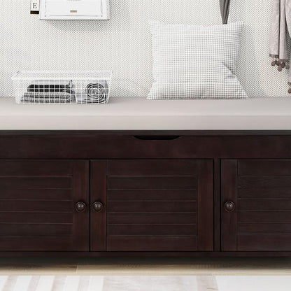 Storage Stool With 3 Louver Shaped Doors, Shoe Stool With Detachable Cushions And Hidden Storage Space