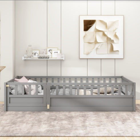 Twin Size Floor Bed, Integral Construction With Super High Security Barrier, Door, Children's Floor Bed Frame, Montessori Wooden Children's Floor Bed, Support Slat White
