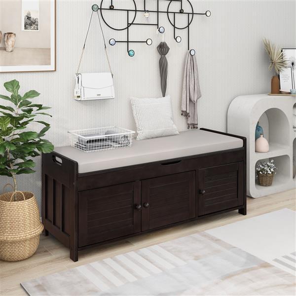 Storage Stool With 3 Louver Shaped Doors, Shoe Stool With Detachable Cushions And Hidden Storage Space