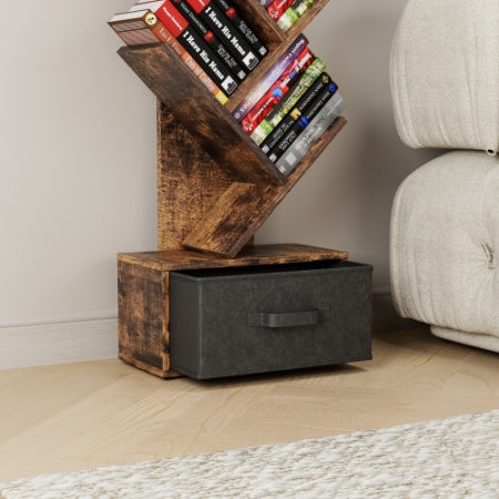 9 Tier Tree Bookshelf With Drawer Bookcase, Modern Book Storage,Utility Organizer Shelves For Home Office, Rustic Brown