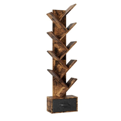 9 Tier Tree Bookshelf With Drawer Bookcase, Modern Book Storage,Utility Organizer Shelves For Home Office, Rustic Brown