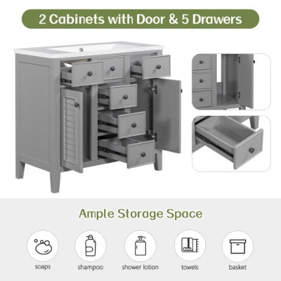 36 Bathroom Vanity With Ceramic Basin, Two Cabinets And Five Drawers, Solid Wood Frame, Grey