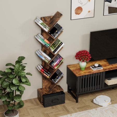 9 Tier Tree Bookshelf With Drawer Bookcase, Modern Book Storage,Utility Organizer Shelves For Home Office, Rustic Brown