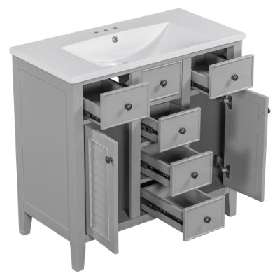 36 Bathroom Vanity With Ceramic Basin, Two Cabinets And Five Drawers, Solid Wood Frame, Grey