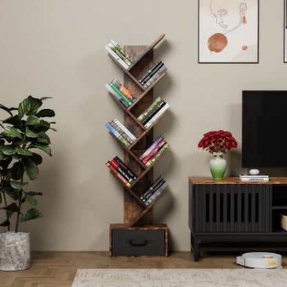 9 Tier Tree Bookshelf With Drawer Bookcase, Modern Book Storage,Utility Organizer Shelves For Home Office, Rustic Brown