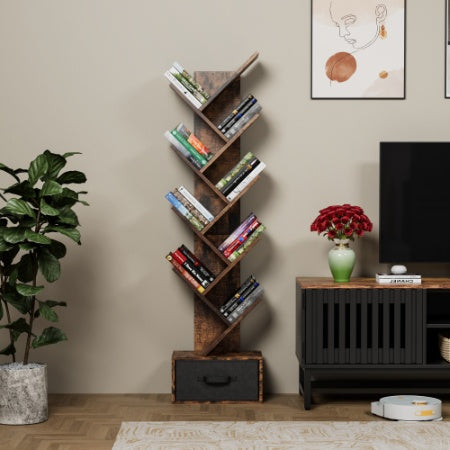 9 Tier Tree Bookshelf With Drawer Bookcase, Modern Book Storage,Utility Organizer Shelves For Home Office, Rustic Brown
