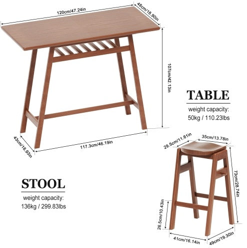 3 PCS Pub Dining Set Retro Bar Table Rubber Wood Stackable Backless High Stool For 2 With Shelf And Hooks For Home Bar Small Space
